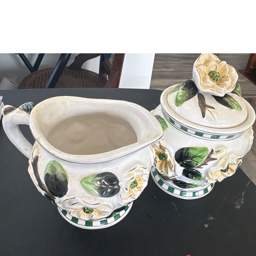 Vintage Casa Vero by ACK Magnolia Hand Painted Ceramic Sugar & Creamer